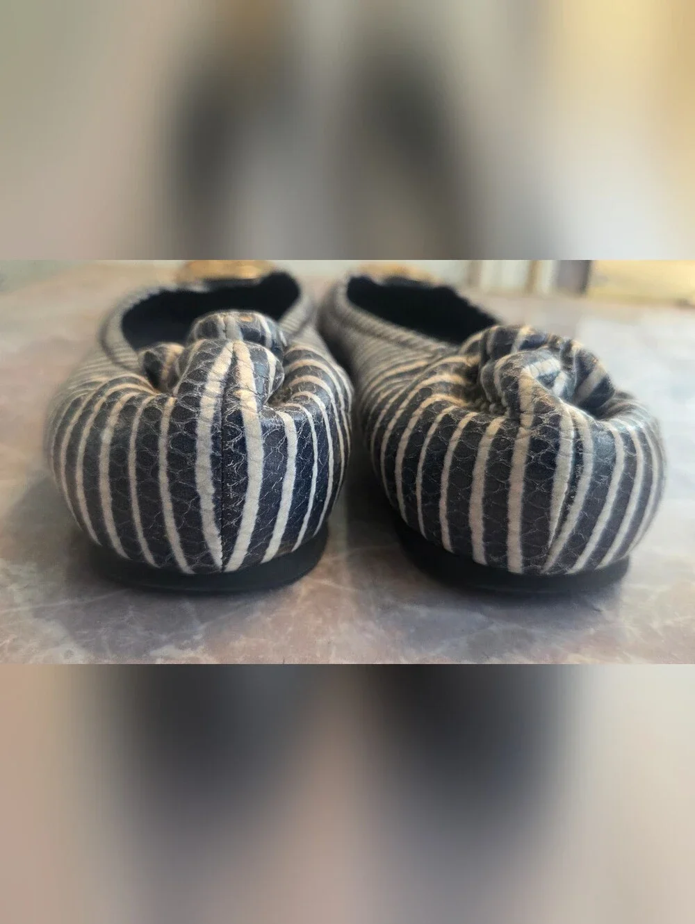 Tory Burch Navy and White Striped Reva Flats with Gold Logo